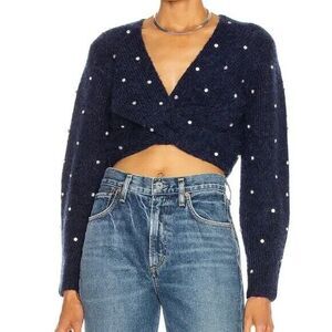 SELF PORTRAIT Sweater Womens Medium Blue Pullover Crop Front Twist Diamante